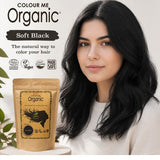 Radico Soft Black graphic showing a woman with loose black waves beside a brown paper hair-colour pouch, with the shade name printed on a dark brushstroke above.