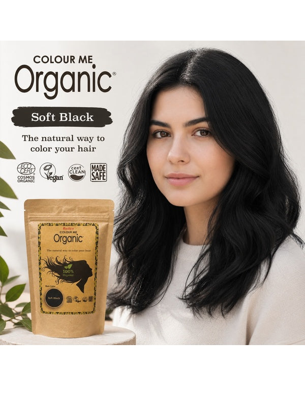 Radico Soft Black graphic showing a woman with loose black waves beside a brown paper hair-colour pouch, with the shade name printed on a dark brushstroke above.