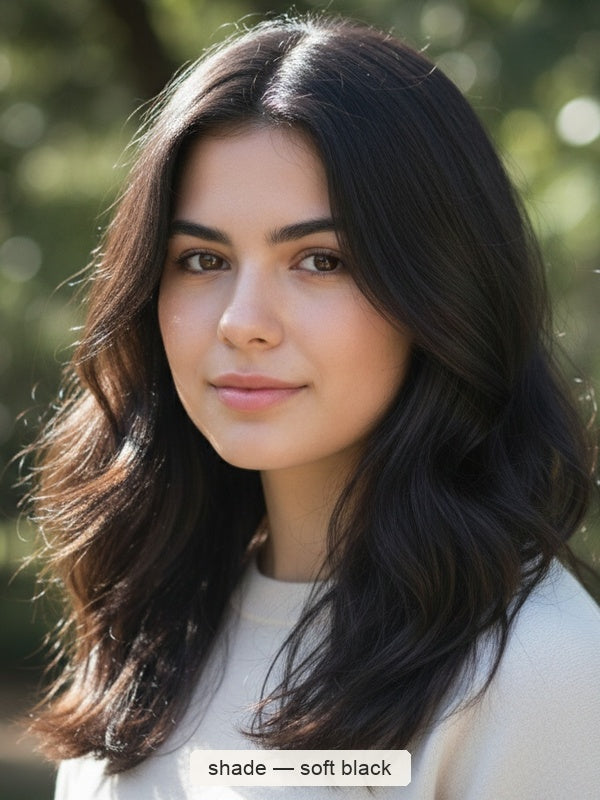Woman outdoors with centre-parted black hair falling in loose waves around her shoulders, with a small label beneath identifying the shade as Soft Black.