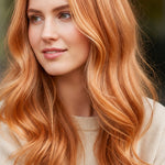 Woman modelling Radico Strawberry Blonde hair colour, with a centre part and long, loose peach-copper waves with pale golden strands around her face.