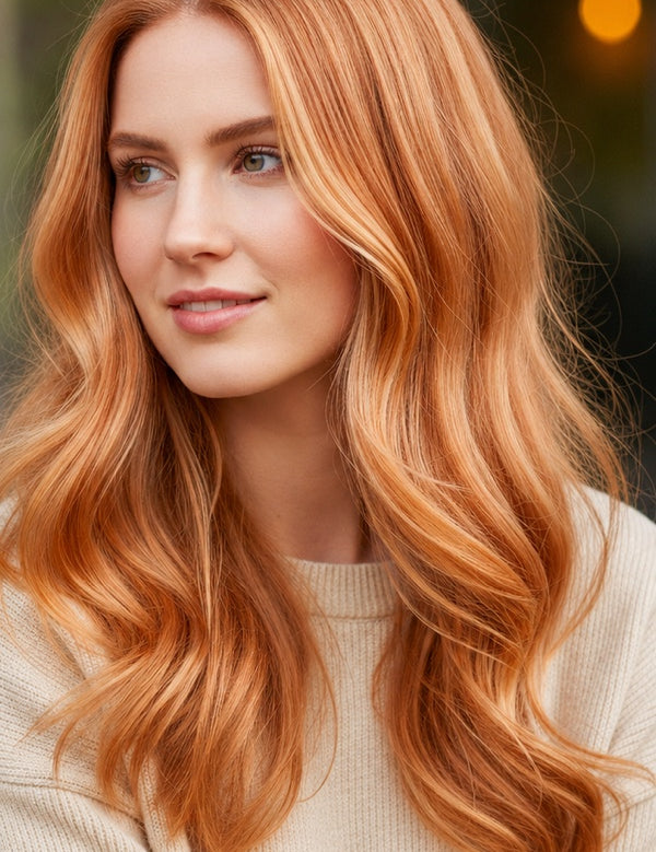 Woman modelling Radico Strawberry Blonde hair colour, with a centre part and long, loose peach-copper waves with pale golden strands around her face.