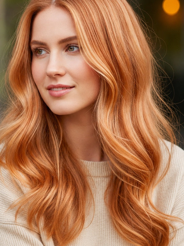 Woman modelling Radico Strawberry Blonde hair colour, with a centre part and long, loose peach-copper waves with pale golden strands around her face.