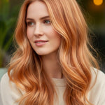 Woman outdoors with long, centre-parted peach-copper waves and pale golden highlights, with a small label beneath identifying the shade as Strawberry Blonde.