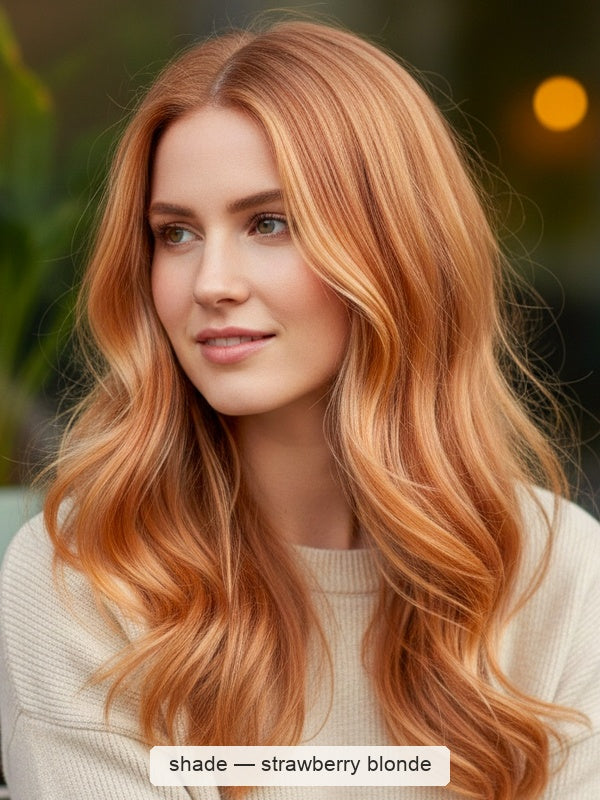 Woman outdoors with long, centre-parted peach-copper waves and pale golden highlights, with a small label beneath identifying the shade as Strawberry Blonde.