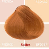 Radico Strawberry Blonde hair swatch in a warm copper-orange shade, laid over four pale peach and cream colour blocks labelled with codes, with the shade name beneath.
