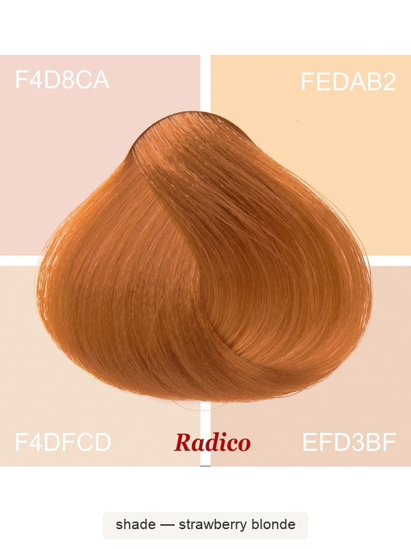 Radico Strawberry Blonde hair swatch in a warm copper-orange shade, laid over four pale peach and cream colour blocks labelled with codes, with the shade name beneath.