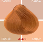 Radico Strawberry Blonde hair swatch in a warm copper-orange shade, laid over four peach, beige and tan colour blocks labelled with codes, with the shade name beneath.