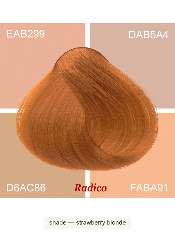 Radico Strawberry Blonde hair swatch in a warm copper-orange shade, laid over four peach, beige and tan colour blocks labelled with codes, with the shade name beneath.