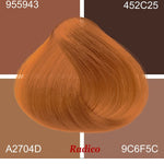 Radico Strawberry Blonde hair swatch in a warm copper-orange shade, laid over four tan and brown colour blocks labelled with codes, with the shade name beneath.