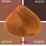 Radico Strawberry Blonde hair swatch in a warm copper-orange shade, laid over four tan and brown colour blocks labelled with codes, with the shade name beneath.