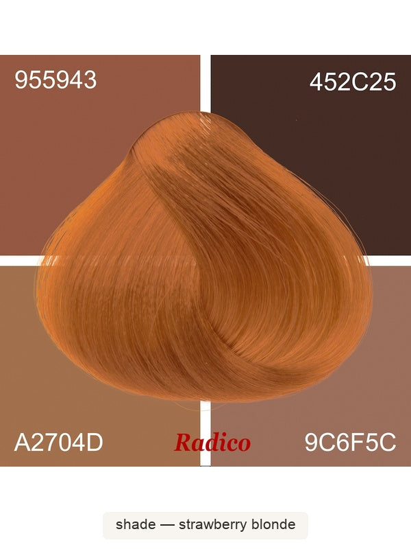 Radico Strawberry Blonde hair swatch in a warm copper-orange shade, laid over four tan and brown colour blocks labelled with codes, with the shade name beneath.