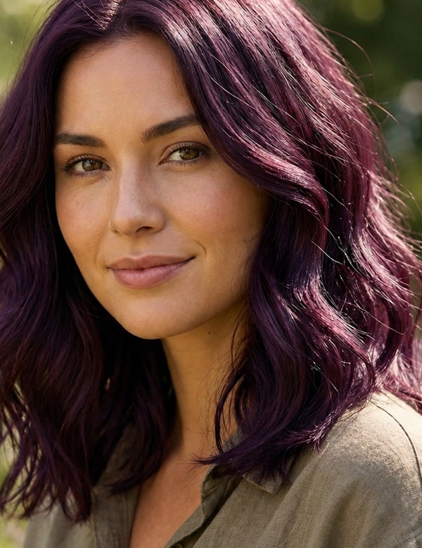 Woman modelling Radico Violet hair colour outdoors, with shoulder-length plum-purple waves and brighter violet strands catching the light.