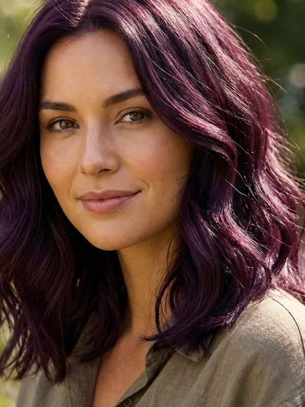 Woman modelling Radico Violet hair colour outdoors, with shoulder-length plum-purple waves and brighter violet strands catching the light.