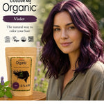 Radico Violet graphic showing a woman with shoulder-length plum-purple waves beside a brown paper hair-colour pouch, with the shade name printed on a purple brushstroke above.