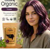 Radico Violet graphic showing a woman with shoulder-length plum-purple waves beside a brown paper hair-colour pouch, with the shade name printed on a purple brushstroke above.