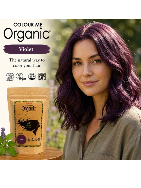 Radico Violet graphic showing a woman with shoulder-length plum-purple waves beside a brown paper hair-colour pouch, with the shade name printed on a purple brushstroke above.