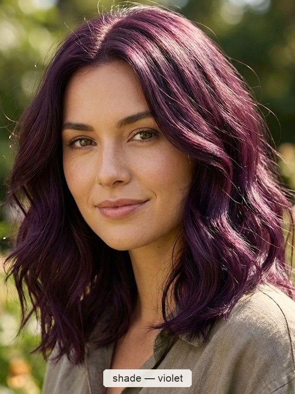 Woman outdoors with shoulder-length plum-purple waves and brighter violet highlights, with a small label beneath identifying the shade as Violet.