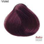 Rounded teardrop-shaped tuft of smooth, deep plum-purple hair beneath the shade name Violet, with the Radico Colour Me Organic logo at the lower right.