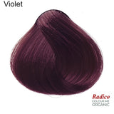 Rounded teardrop-shaped tuft of smooth, deep plum-purple hair beneath the shade name Violet, with the Radico Colour Me Organic logo at the lower right.