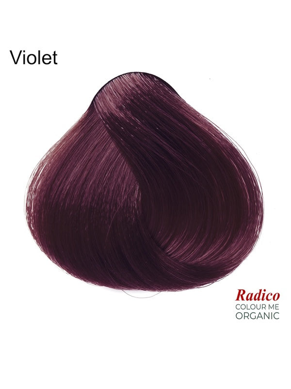 Rounded teardrop-shaped tuft of smooth, deep plum-purple hair beneath the shade name Violet, with the Radico Colour Me Organic logo at the lower right.