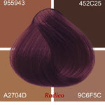 Radico Violet hair swatch in a deep plum-purple shade, laid over four tan and brown colour blocks labelled with codes, with the shade name beneath.