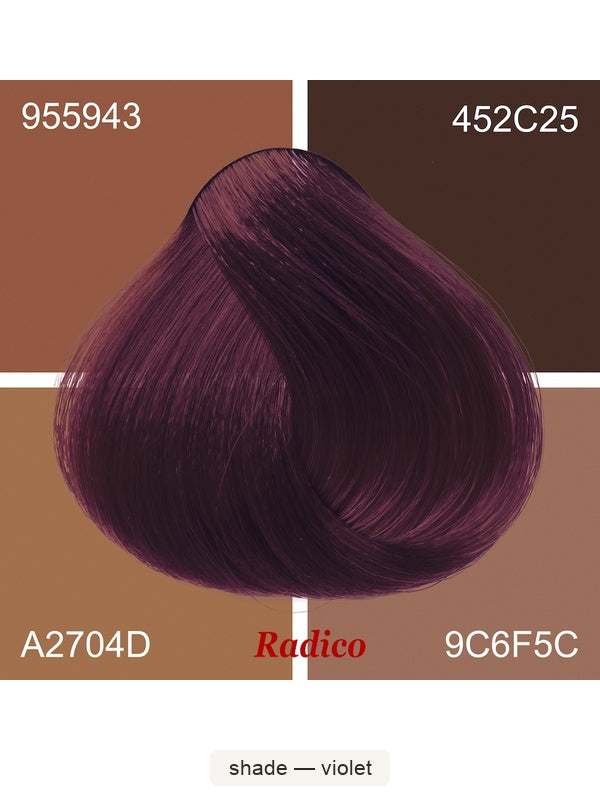Radico Violet hair swatch in a deep plum-purple shade, laid over four tan and brown colour blocks labelled with codes, with the shade name beneath.