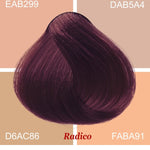 Radico Violet hair swatch in a deep plum-purple shade, laid over four peach, beige and tan colour blocks labelled with codes, with the shade name beneath.