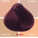 Radico Violet hair swatch in a deep plum-purple shade, laid over four peach, beige and tan colour blocks labelled with codes, with the shade name beneath.