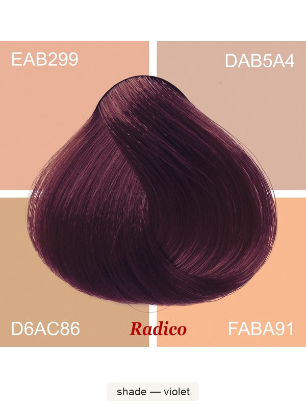 Radico Violet hair swatch in a deep plum-purple shade, laid over four peach, beige and tan colour blocks labelled with codes, with the shade name beneath.