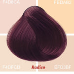 Radico Violet hair swatch in a deep plum-purple shade, laid over four pale peach and cream colour blocks labelled with codes, with the shade name beneath.