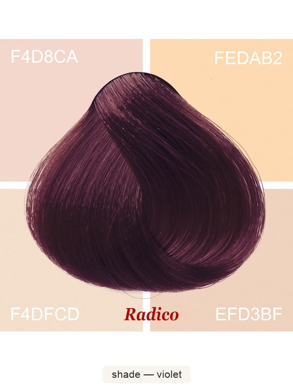 Radico Violet hair swatch in a deep plum-purple shade, laid over four pale peach and cream colour blocks labelled with codes, with the shade name beneath.