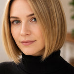 Woman modelling Radico Wheat Blonde hair colour, with a smooth chin-length golden-beige bob, a side part and slightly darker roots.