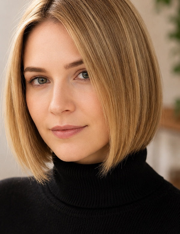 Woman modelling Radico Wheat Blonde hair colour, with a smooth chin-length golden-beige bob, a side part and slightly darker roots.