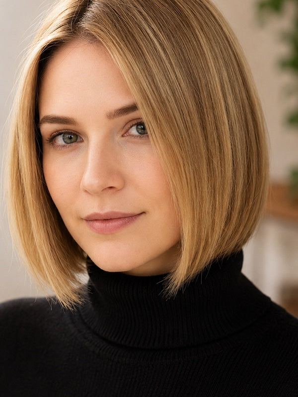 Woman modelling Radico Wheat Blonde hair colour, with a smooth chin-length golden-beige bob, a side part and slightly darker roots.