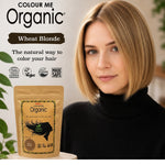 Radico Wheat Blonde graphic showing a woman with a smooth golden-beige bob beside a brown paper hair-colour pouch, with the shade name printed on a brown brushstroke above.
