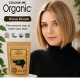 Radico Wheat Blonde graphic showing a woman with a smooth golden-beige bob beside a brown paper hair-colour pouch, with the shade name printed on a brown brushstroke above.
