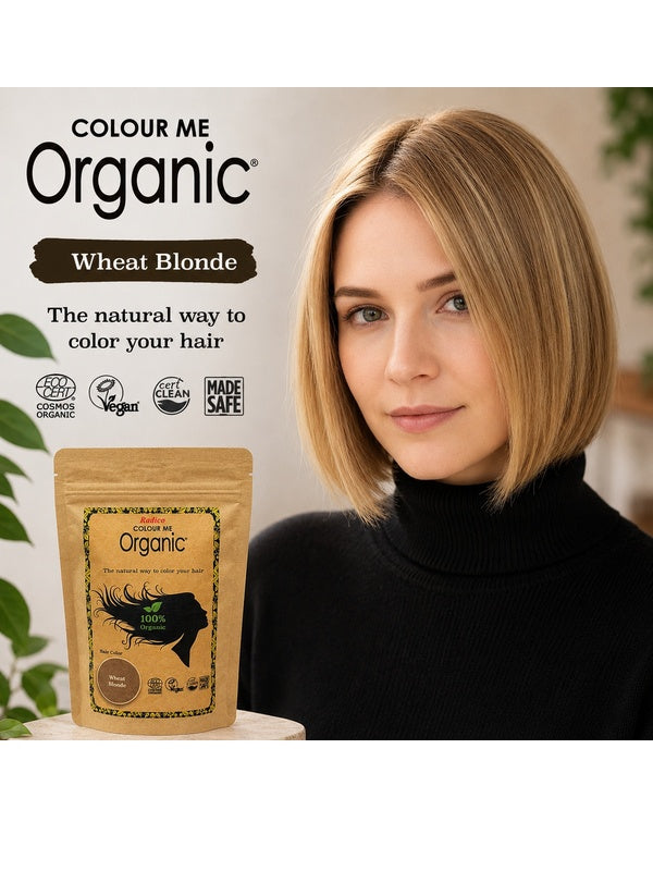 Radico Wheat Blonde graphic showing a woman with a smooth golden-beige bob beside a brown paper hair-colour pouch, with the shade name printed on a brown brushstroke above.