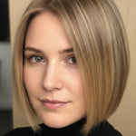 Woman with a smooth, side-parted golden-beige bob ending at her chin, with a small label beneath identifying the shade as Wheat Blonde.