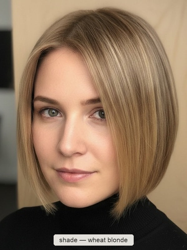 Woman with a smooth, side-parted golden-beige bob ending at her chin, with a small label beneath identifying the shade as Wheat Blonde.