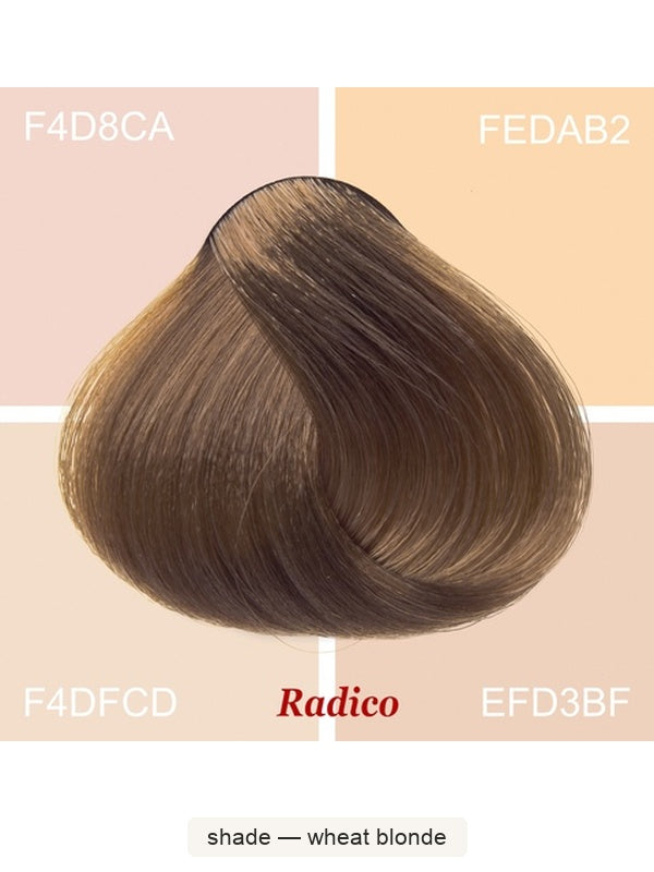 Radico Wheat Blonde hair swatch in a muted golden-brown shade, laid over four pale peach and cream colour blocks labelled with codes, with the shade name beneath.