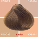 Radico Wheat Blonde hair swatch in a muted golden-brown shade, laid over four peach, beige and tan colour blocks labelled with codes, with the shade name beneath.
