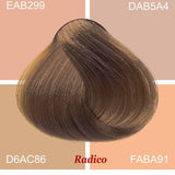 Radico Wheat Blonde hair swatch in a muted golden-brown shade, laid over four peach, beige and tan colour blocks labelled with codes, with the shade name beneath.