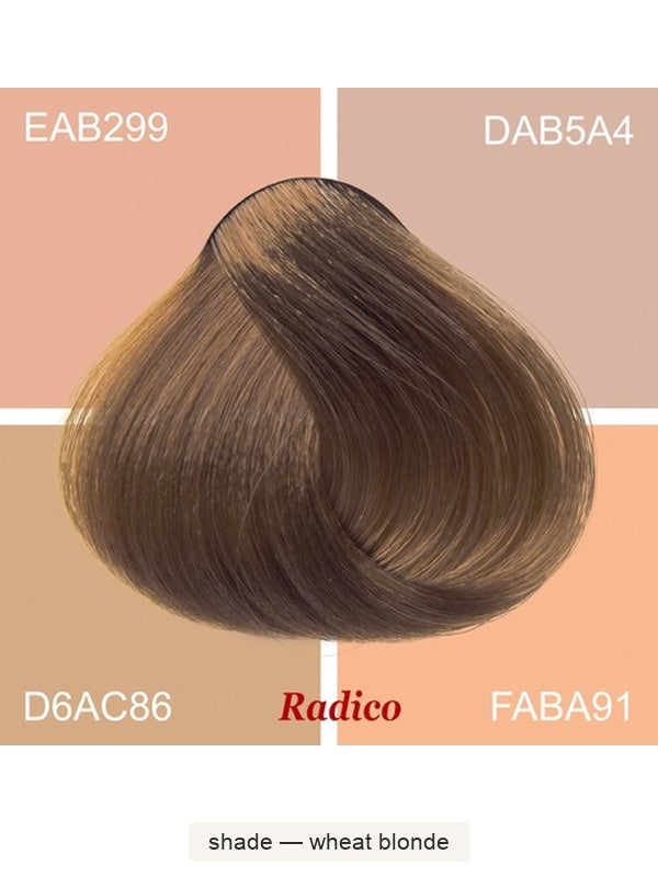 Radico Wheat Blonde hair swatch in a muted golden-brown shade, laid over four peach, beige and tan colour blocks labelled with codes, with the shade name beneath.