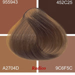 Radico Wheat Blonde hair swatch in a muted golden-brown shade, laid over four tan and brown colour blocks labelled with codes, with the shade name beneath.