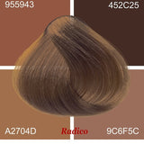 Radico Wheat Blonde hair swatch in a muted golden-brown shade, laid over four tan and brown colour blocks labelled with codes, with the shade name beneath.