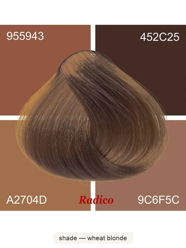 Radico Wheat Blonde hair swatch in a muted golden-brown shade, laid over four tan and brown colour blocks labelled with codes, with the shade name beneath.
