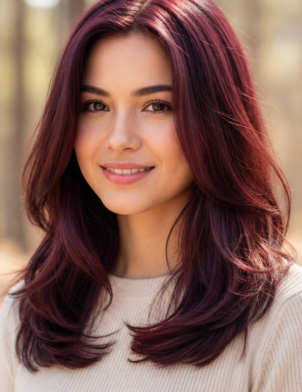 Smiling woman modelling Radico Wine Red hair colour, with glossy burgundy-red layers curving inward around her shoulders and brighter red highlights near the crown.