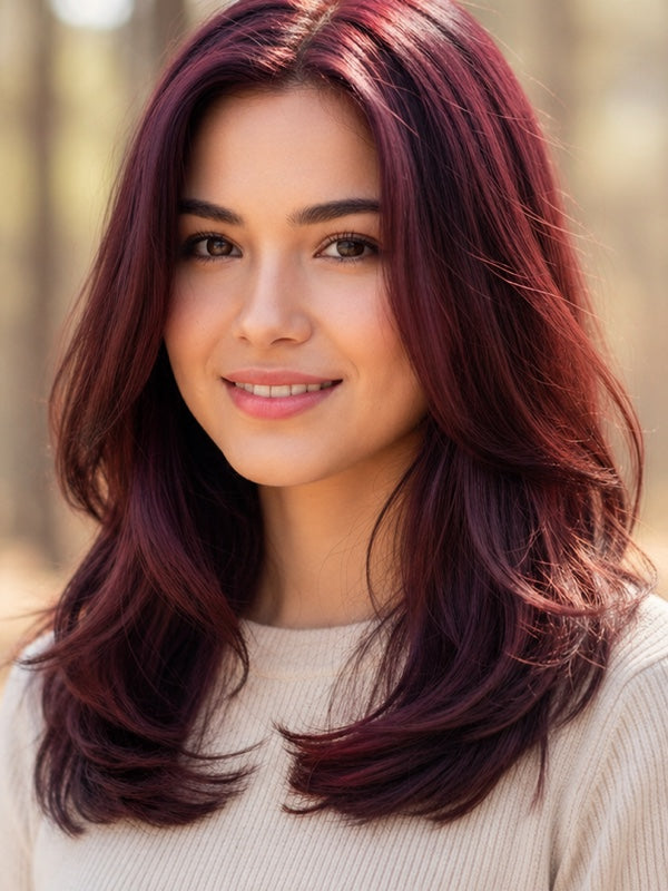 Smiling woman modelling Radico Wine Red hair colour, with glossy burgundy-red layers curving inward around her shoulders and brighter red highlights near the crown.