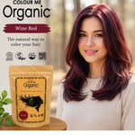 Radico Wine Red graphic showing a smiling woman with layered burgundy-red hair beside a brown paper hair-colour pouch, with the shade name printed on a wine-red brushstroke above.