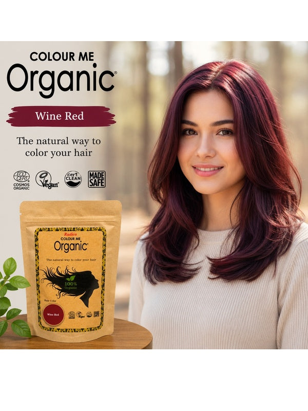 Radico Wine Red graphic showing a smiling woman with layered burgundy-red hair beside a brown paper hair-colour pouch, with the shade name printed on a wine-red brushstroke above.